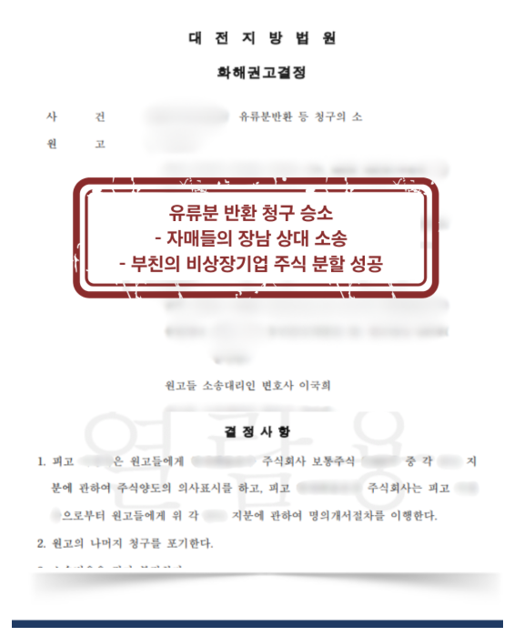 비상장 주식 등 복잡재산 분할 유류분 자매 vs. 장남 반환 성공